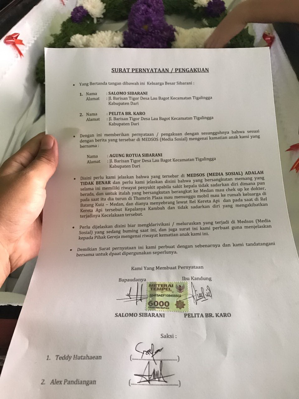 Keluarga Minta Poto TKP Kematian Dihapus dari Medsos. "Sebelumnya Agung R Sibarani Sudah Sakit"