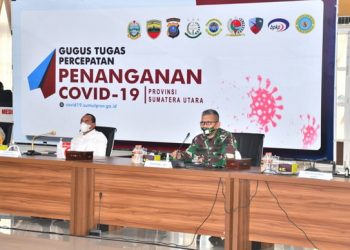 Pangdam I/BB Hadiri Vidcon Bersama Menko Polhukam dan Mendagri di Sekretariat GTPP Covid-19 Sumut