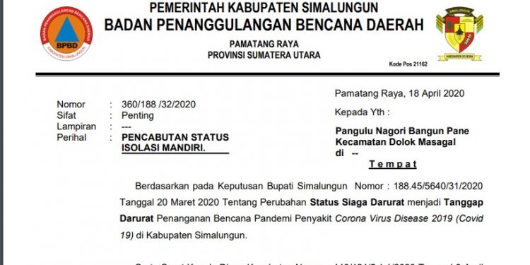 Status Isolasi Nagori Bangun Panei di Simalungun Dicabut