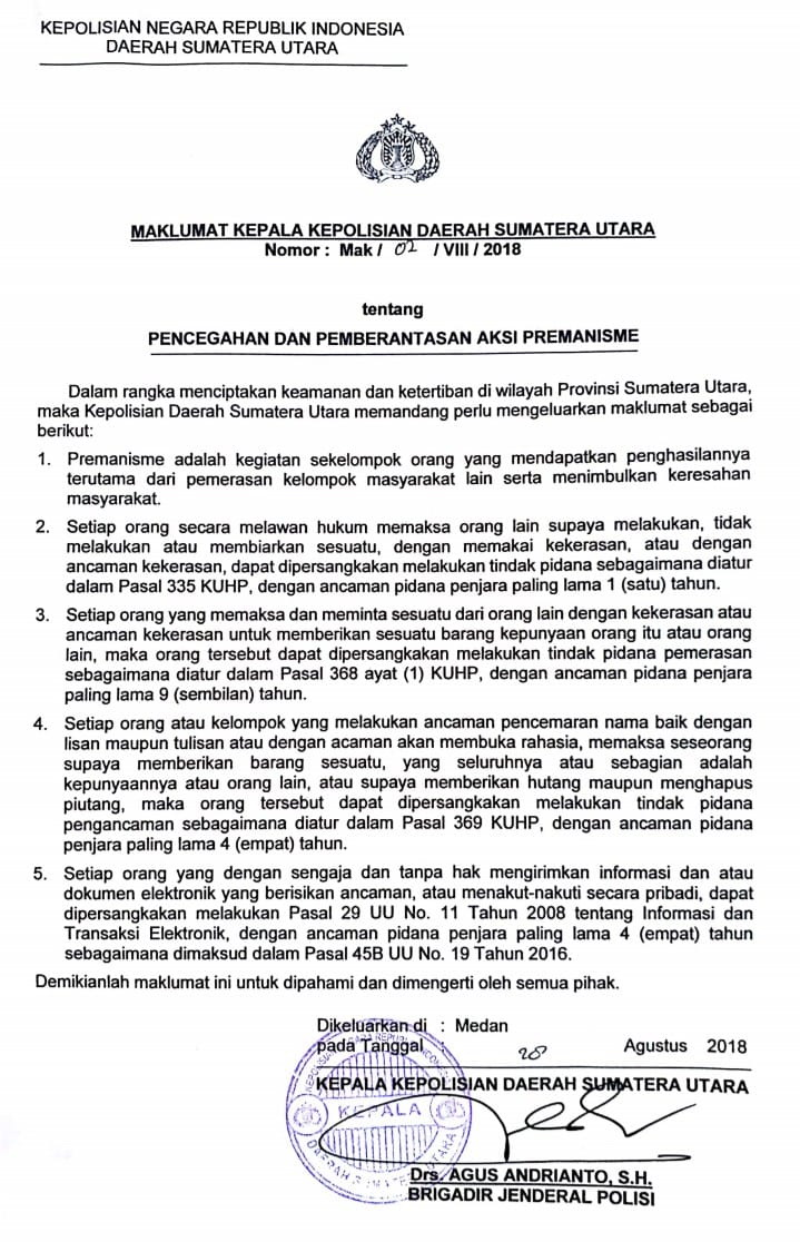 Jabat Kapolda Sumut, Brigjen Agus Andrianto Keluarkan Maklumat Pemberantasan Premanisme Jabat Kapolda Sumut, Brigjen Agus Andrianto Keluarkan Maklumat Pemberantasan Premanisme