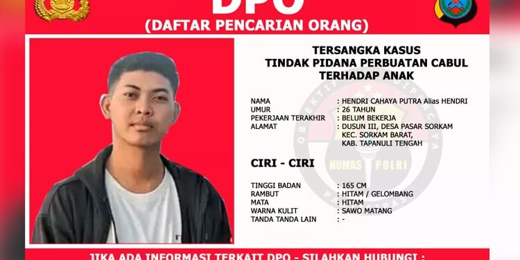 Hendri Cahaya Putra DPO Kasus Cabul 30 Anak Laki-Laki di Sorkam Ditangkap! Hendri Cahaya Putra, buronan kasus rudapaksa 30 anak di Tapteng, ditangkap setelah dua tahun buron, diumumkan Polres via media sosial.