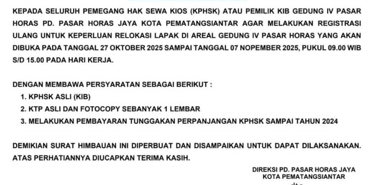 Manajemen Perusahaan Daerah Pasar Horas Jaya (PD PHJ) Imbau KPHSK Segera Registrasi
