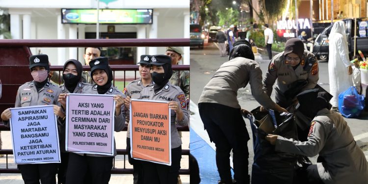Dari Poster Humanis hingga Aksi Pungut Sampah: Polwan Warnai Aksi Damai di Balai Kota Medan Dari Poster Humanis hingga Aksi Pungut Sampah: Polwan Warnai Aksi Damai di Balai Kota Medan