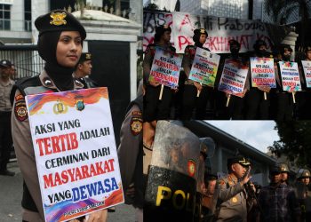 Poster Damai dan Senyum Polwan Warnai Unjuk Rasa Mahasiswa  Nommensen
