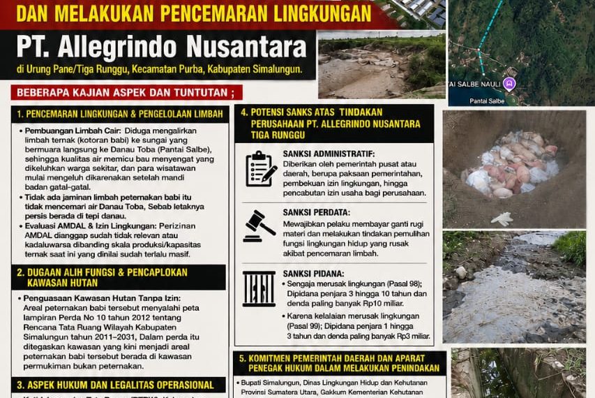 PETA SUMUT Desak Penindakan Hukum PT Allegrindo Nusantara Atas Dugaan Pencemaran Danau Toba dan Pelanggaran Tata Ruang